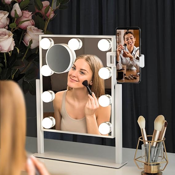 Hollywood Makeup Vanity Mirror with Lights – 360°Rotation Vanities Mirror with 9 Dimmable LED Bulbs, Tabletop with Bedroom & Cloakroom & Powder Room, Ultra-Thin Metal Frame Design 2