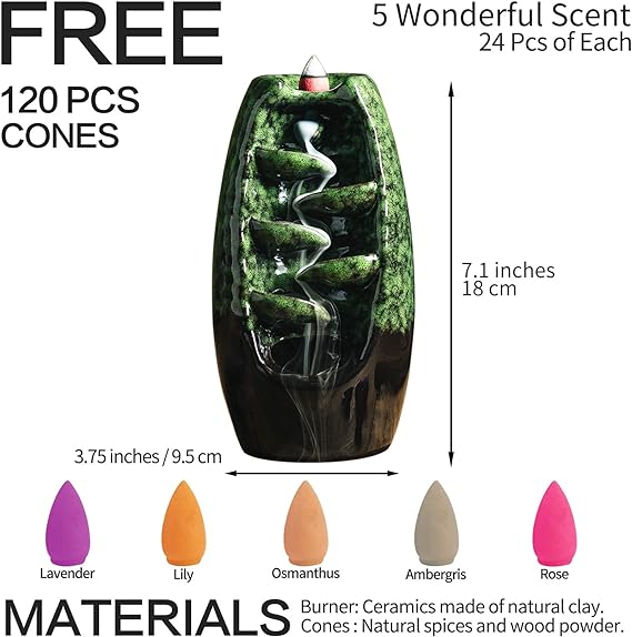 Ceramic Incense Burner with 120 Cones, Waterfall Backflow Incense Holder, Aromatherapy Ornament, Zen Decor, Home Decor, Room Decor (Green) 2