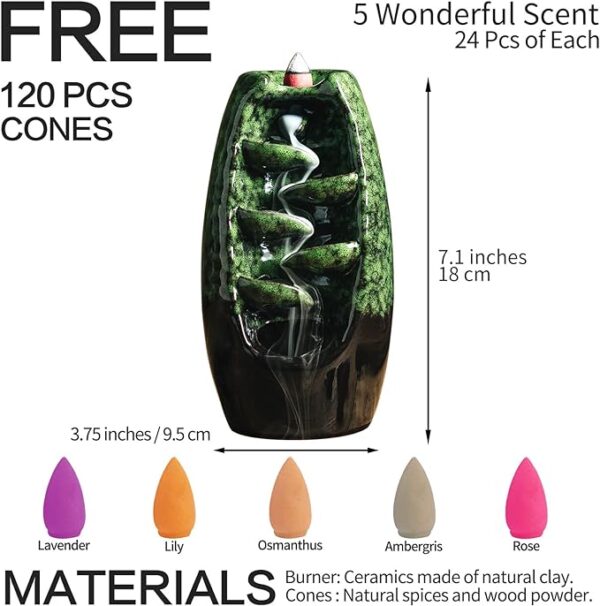 Ceramic Incense Burner with 120 Cones, Waterfall Backflow Incense Holder, Aromatherapy Ornament, Zen Decor, Home Decor, Room Decor (Green) 2