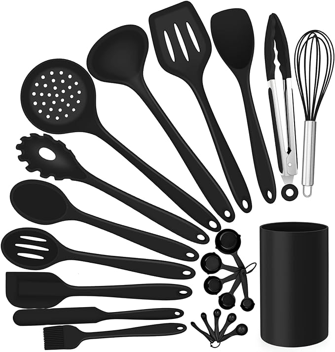 Silicone Kitchen Utensils Set, E-far 23 Pcs Red Cooking Utensils Tools with Holder for Nonstick Cookware, Include Spatula/Spoon/Ladle/Tongs/Turner, Heat Resistant & Nontoxic, Dishwasher Safe