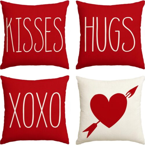 Valentine's Day Saying Throw Pillow Cover, 16 x 16 Inch Holiday Kisses Hugs XOXO Love Heart Arrow Anniversary Wedding Cushion Case Decoration for Sofa Couch