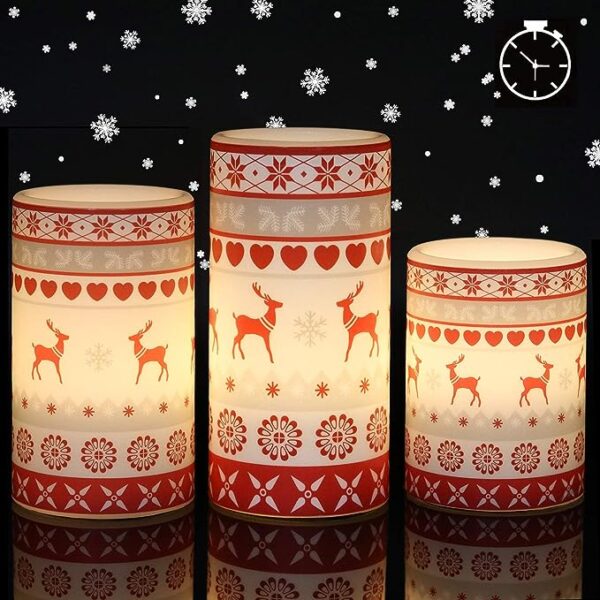 Flameless Flickering Led Candles Battery Operated with 6 Hours Timer, Real Wax Pillar Candles Warm Light Love Deer Decal Decor Gift(Pack of 3) Red