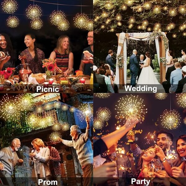 DenicMic Firework Lights 200 LED Copper Wire Starburst Light, 8 Modes Battery Operated Fairy Star Sphere Lights with Remote, Warm White Hanging Ceiling Decorations for Bedroom, Christmas, Party 2 Pack 3