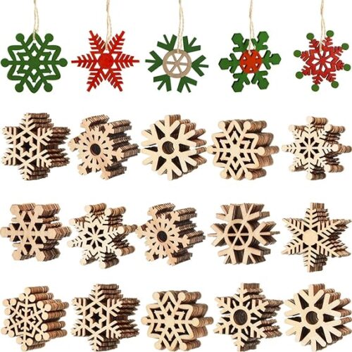 815FTT+YLoL._AC_SX569_ 100 Pcs Christmas Unfinished Wooden Snowflake Ornaments Snowflake Hanging Cutouts Blank Wood Slices with Cord Craft Embellishments for Xmas Tree Decorations (Natural Color,3.1 Inches)