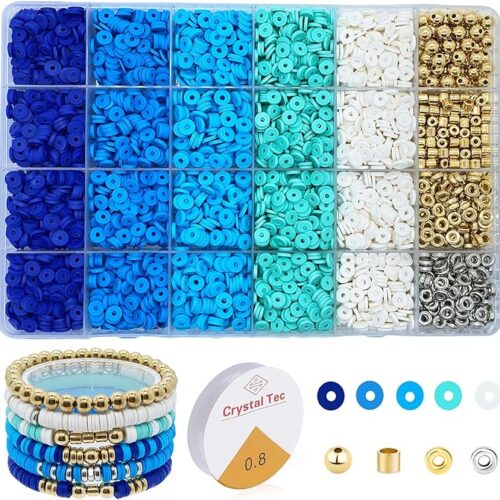 Making 6mm Flat Round Polymer Gold Silver Spacer Heishi Clay Beads for Jewelry Making Kit with Crystal Elastic