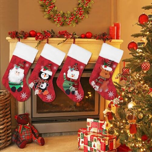 Christmas Stockings 4 Pack, 19'' Xmas Stockings with Snowflake Santa Snowman Reindeer Penguin and Plush Faux Fur Cuff Stockings for Stairs Fireplace Hanging Xmas Home Decor