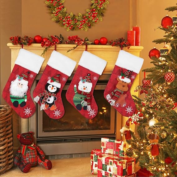 Christmas Stockings 4 Pack, 19'' Xmas Stockings with Snowflake Santa Snowman Reindeer Penguin and Plush Faux Fur Cuff Stockings for Stairs Fireplace Hanging Xmas Home Decor 1