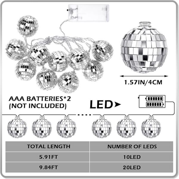 LED Disco Ball Decorations Mirror Disco Ball Ornaments 70s Disco Party Supplies Mini Disco Ball Tree Ornament Light Battery Operated Disco Ball with String for Christmas (Cold White,9.84 ft Long) 3