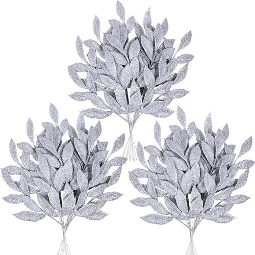 Artificial Silver Glitter Leaf Spray Leaf Picks 13" Tall for Christmas Winter Wedding Wreath Tree Swag Floral Arrangment Vase Bouquets Table Centerpieces Decoration