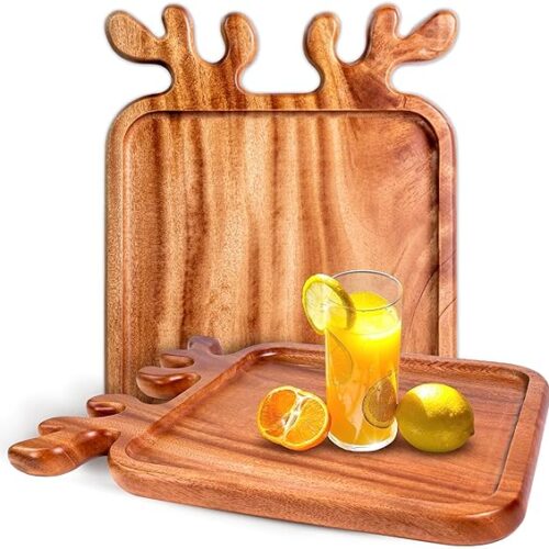 81CcwHoIMAL._AC_SX569_ Solid Wood Serving Platter with Antler Handles (10inch Square - set of 2) Decorative Plate Organizer, wooden Food Tray for Snack Fruit Appetizer, serving platter, Gift for Christmas, Wedding, Birthday