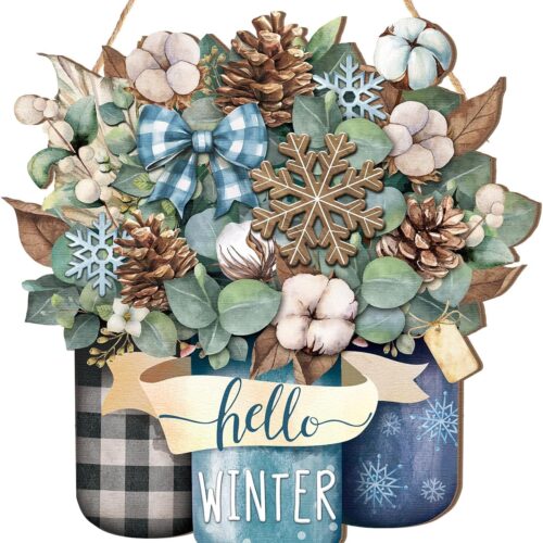 81HaMz-h7dL._AC_SL1500_ Boao Wooden Winter Floral Mason Jar Hanging Ornament Winter Welcome Door Sign Wooden Hanging Sign, Hello Winter, Bow Winter Door Hanger, Farmhouse Winter Home Wall Front Door Decoration