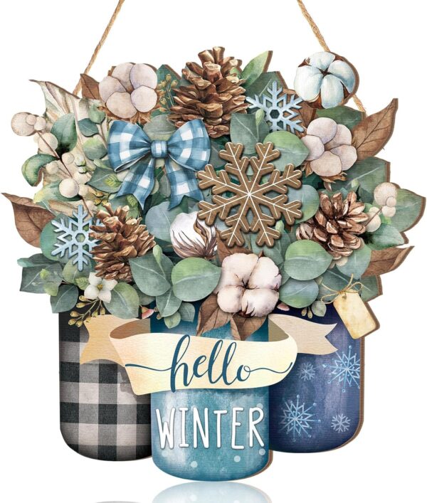 Boao Wooden Winter Floral Mason Jar Hanging Ornament Winter Welcome Door Sign Wooden Hanging Sign, Hello Winter, Bow Winter Door Hanger, Farmhouse Winter Home Wall Front Door Decoration 1
