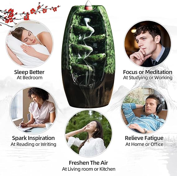 Ceramic Incense Burner with 120 Cones, Waterfall Backflow Incense Holder, Aromatherapy Ornament, Zen Decor, Home Decor, Room Decor (Green) 3