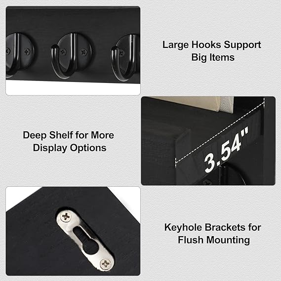 Key Holder for Wall, Decorative Key and Mail Holder with Shelf Has Large Hooks for Bags, Coats, Umbrella – Paulownia Wood Key Hanger with Mounting Hardware (9.8”W x 6.7”H x 4.2”D) Black 3