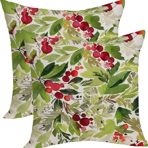 OFIRD Merry Christmas Pillow Covers 18x18 Inch Pack of 2,Green Christmas Watercolor Holly Berry Throw Pillow Covers Winter Christmas Decor Linen Pillowcase Farmhouse Cushion Case for Sofa Couch Bed