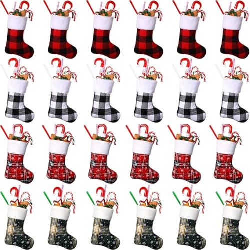 24 Pieces 7 Inch Christmas Stockings, Mini Buffalo Plaid Stocking Classic Stocking Red and Green Plaid Design with Snowflake and Fleece Cuff for Family Christmas Holiday Decorations Seasons Decor