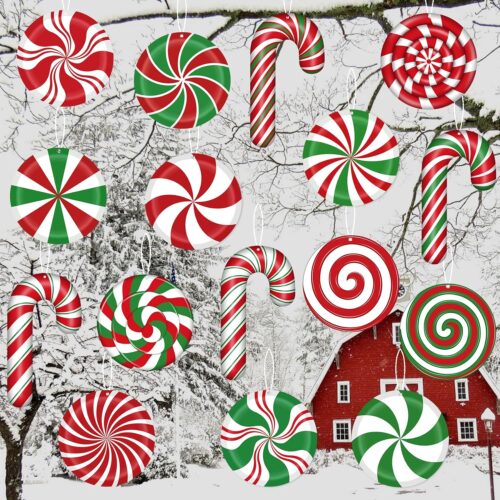 81Rh7uU6hqL._AC_SL1500_ 22Pcs Large Christmas Candy Cane Tree Decorations, Double Sided Red Green White Plastic Lollipop Candy Canes Christmas Hanging Ornaments for Christmas Tree House Xmas Supplies Outdoor Porch Yard Decor