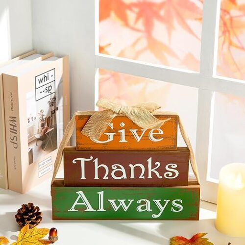 81TnLhe-mHL._AC_SX522_ Glitzhome Thanksgiving Sign Wooden Signs with Sayings Give Thanks Always Welcome Thanksgiving Decor Farmhouse Fall Harvest Wooden Block Set 11.81x9 Inches Wood Block Decor Thanksgiving Decor