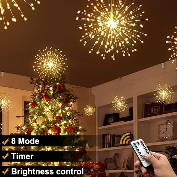 DenicMic Firework Lights 200 LED Copper Wire Starburst Light, 8 Modes Battery Operated Fairy Star Sphere Lights with Remote, Warm White Hanging Ceiling Decorations for Bedroom, Christmas, Party 2 Pack 2