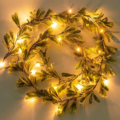 Ethlomoer 6.6FT Flocked Olive Christmas Garland Pre-Lit with 20 LED Lights, Battery Operated, Lighted Garland with Snowflakes for Mantle Fireplace Stairs, Christmas Decorations