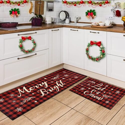 Christmas Kitchen Mat - 2 Piece Kitchen Mats Set Red Buffalo Plaid Indoor Floor Mats Non-Slip Kitchen Backing Area Rugs Xmas Door Carpet for Kitchen Home Christmas Decor (17’’ x 47’’+17’’ x 30’’)