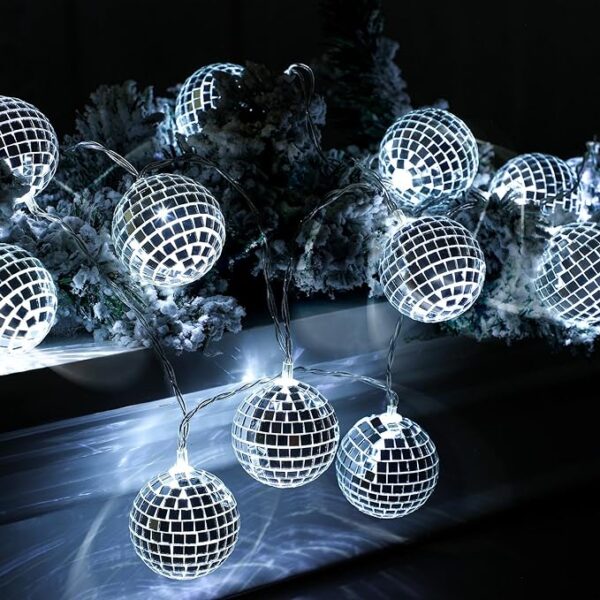 LED Disco Ball Decorations Mirror Disco Ball Ornaments 70s Disco Party Supplies Mini Disco Ball Tree Ornament Light Battery Operated Disco Ball with String for Christmas (Cold White,9.84 ft Long) 1