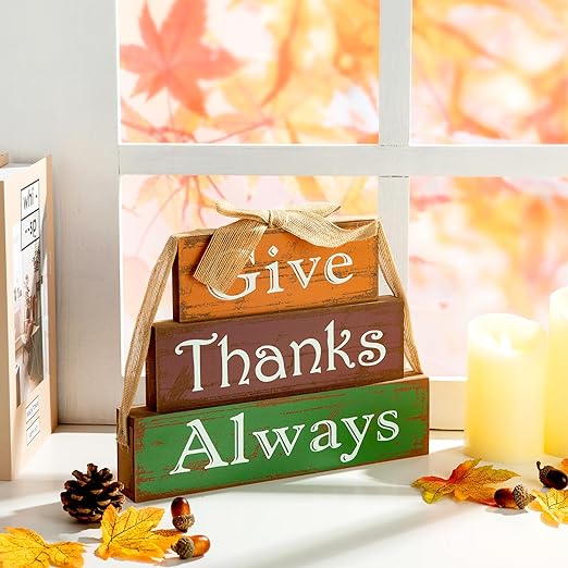 Glitzhome Thanksgiving Sign Wooden Signs with Sayings Give Thanks Always Welcome Thanksgiving Decor Farmhouse Fall Harvest Wooden Block Set 11.81x9 Inches Wood Block Decor Thanksgiving Decor 3