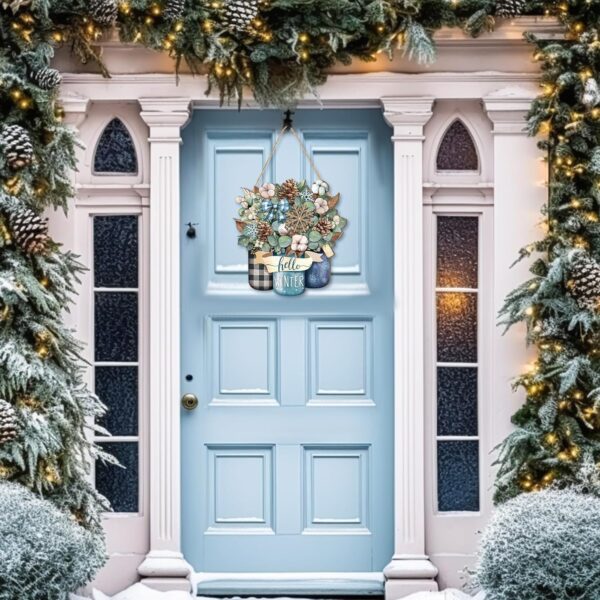 Boao Wooden Winter Floral Mason Jar Hanging Ornament Winter Welcome Door Sign Wooden Hanging Sign, Hello Winter, Bow Winter Door Hanger, Farmhouse Winter Home Wall Front Door Decoration 3