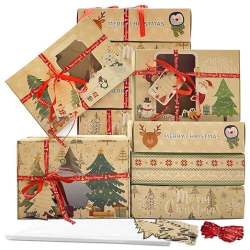 12 Packs Brown Christmas Cookie Boxes with Window for Gift Giving,Cartoon Christmas tree/snow man/penguin Holiday Bakery Treat Boxes Gift Baking Box Christmas Kraft Gift Boxes with Ribbons and DIY Gift Tags, Pastry, Candy, Party Favors