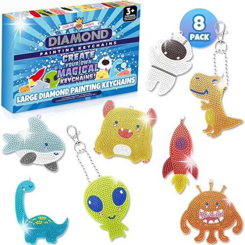 8 Diamond Painting Keychains Kit for Boys Crafts - Gem Art Kits for Kids Gem Painting Kit - Kawaii Diamond Art Keychains Kits for Crafts - Diamond Art for Kids Gem Stickers for Crafts (8 Pack, Boys)