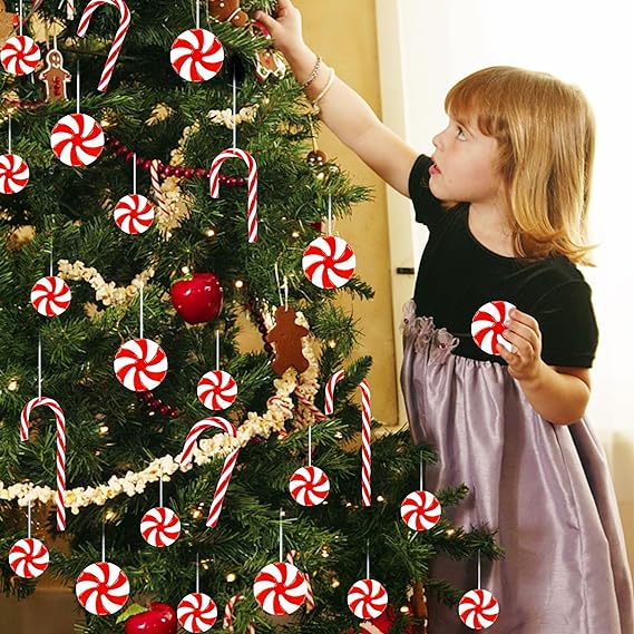 48Pcs Candy Cane Christmas Tree Decorations, Plastic Red and White Christmas Hanging Ornaments, Acrylic Xmas Crafts Decor for Tree Table Fireplace Indoor Home Window Vase Filler Party 3
