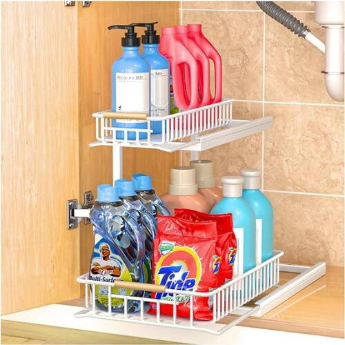 81o6QXaCKRL._AC_SX569_ ARSTPEOE L-Shaped Under Sink Organizer,2 Tier Slide Out Sink Shelf Cabinet Storage Shelves, Under Sink Storage for Kitchen Bathroom Cabinet, Pull Out Cabinet Organizer,White