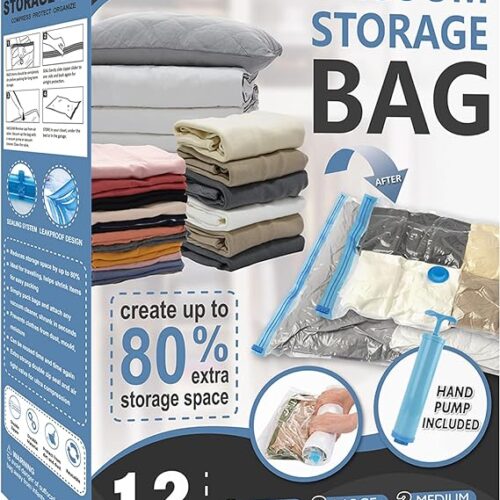 12 Pack Space Saver Bags (2 Jumbo/2 Large/2 Medium/2 Small/4 Roll) Compression Storage Bags for Comforters and Blankets, Vacuum Sealer Bags for Clothes Storage, Hand Pump Included