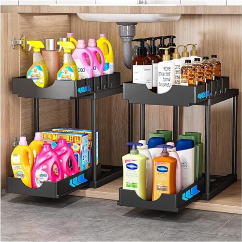 Double Sliding Under Sink Organizers and Storage,Two Tier Bathroom Storage and organization,Under Cabinet Organizer with Hooks,Home Organization