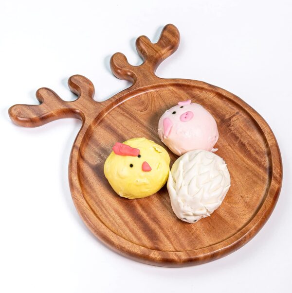 Solid Wood Serving Platter with Antler Handles (10inch Round - Set of 1) Decorative Plate Organizer, Wooden Food Tray for Snack Fruit Appetizer, Gift for Christmas, Wedding, Birthday 2