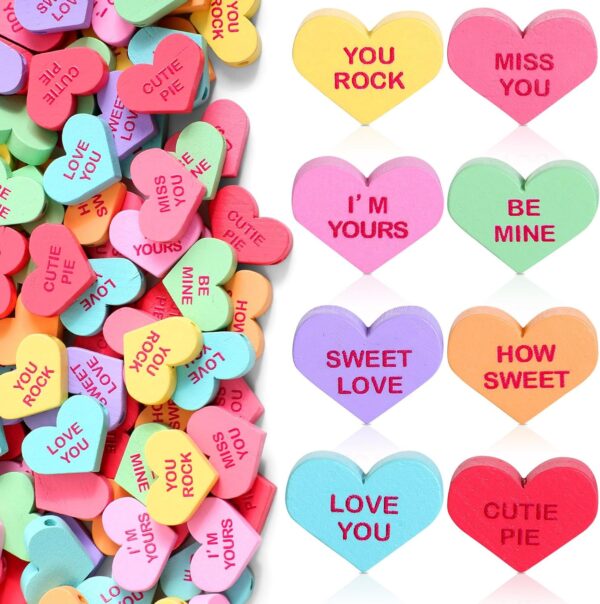 Lyrow 320 Pcs Wood Heart Beads Valentine's Day Wooden Heart Beads Candy Conversation Hearts Beads 16 mm Heart Shaped Spacer Beads for DIY Ornaments Craft Making Necklace Rainbow Bracelet 2