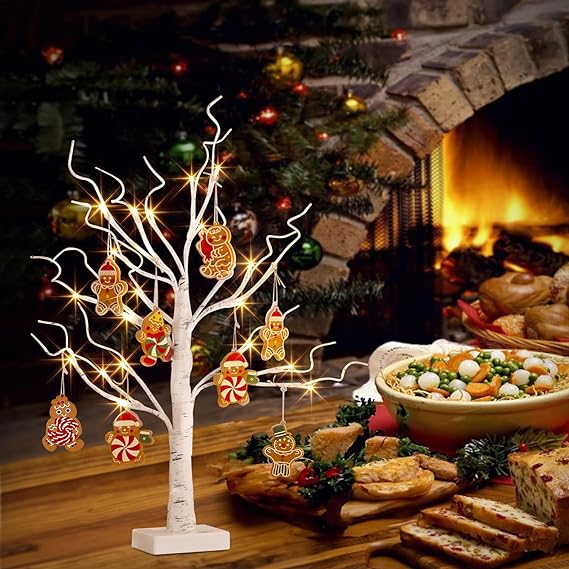 Vanthylit Tabletop Chritsmas Tree, Birch Tree Lights with Gingerbread Man Ornaments, Lighted White Tree Centerpieces, Battery Powered Winter Decor for Home Table Fireplace Indoor (2FT, Timer) 2