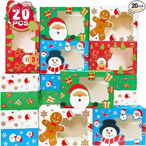 Funnlot Christmas Cookie Boxes Christmas Treats Container With Window 20PCS Christmas Treat Cookie Holiday Candy Box Christmas Baking Boxes Reindeer Santa Snowman Gingerbread Cookie Boxes