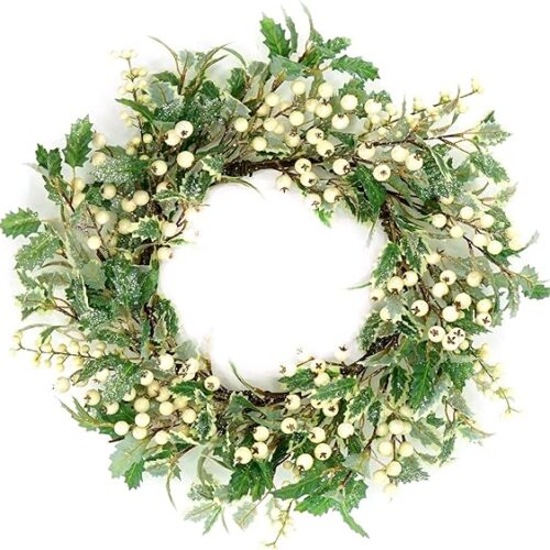 AMF0RESJ Artificial Christmas Wreath Winter Wreath with Cream Berry, Holly Leaves for Indoor Outdoor Farmhouse Home Wall Window Festival Wedding Decor, Gift Box Included