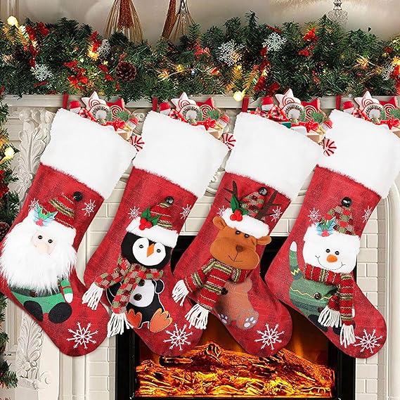 Christmas Stockings 4 Pack, 19'' Xmas Stockings with Snowflake Santa Snowman Reindeer Penguin and Plush Faux Fur Cuff Stockings for Stairs Fireplace Hanging Xmas Home Decor 2