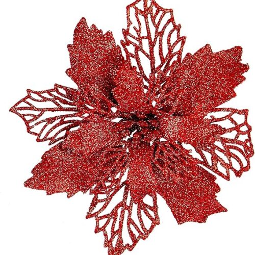 Zhenrui 12 pcs 6” Christmas Poinsettia Flower, Glitter Poinsettia Tree Ornaments, Red Artificial Flower Decorating Wreath Garland, Great for Wedding Holiday and Home Decor, with Stems