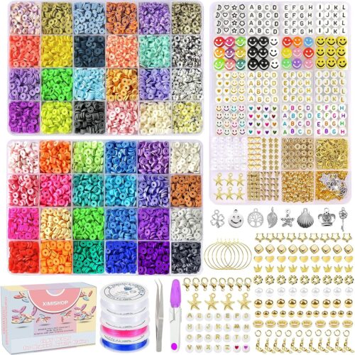 917dYI6LTkL._AC_SL1500_ XIMISHOP 7200 Pcs Clay Beads Kit for Bracelet Making, 48 Color Polymer Flat Clay Beads Spacer Heishi Letters Beads Kit with Charms Kit for Jewelry Making Crafts Gifts Set for Teen Girls Adults
