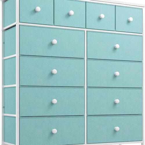 91CXS27hXwL._AC_SX569_ EnHomee Dresser, Dresser for Bedroom with 12 Drawers, Tall Dresser with Wooden Top and Metal Frame, Bedroom Dresser Dressers & Chests of Drawers Clearance, 40.6" W x 11.8" D x 43.7" H, Aqua