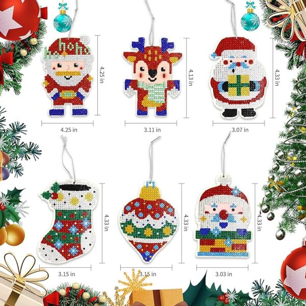 VKPI Christmas Diamond Painting by Number Kit, 5D DIY Gem Art Hanging Ornament, Make 6 Xmas Tree Decor Pendants, Santa Claus, Xmas Stocking, Reindeer, Bell, for Holiday Kids Crafts Family Decor 2