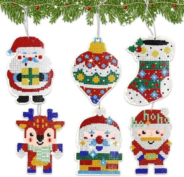 VKPI Christmas Diamond Painting by Number Kit, 5D DIY Gem Art Hanging Ornament, Make 6 Xmas Tree Decor Pendants, Santa Claus, Xmas Stocking, Reindeer, Bell, for Holiday Kids Crafts Family Decor 1