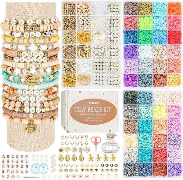 Pizooro Clay Beads 3 Boxes Bracelet Making Kit, 10500pcs Beads for Jewelry Making, Round Letter Beads with Charm and Elastic Strings, Friendship Bracelets Holiday Gifts for Girls Adults 1
