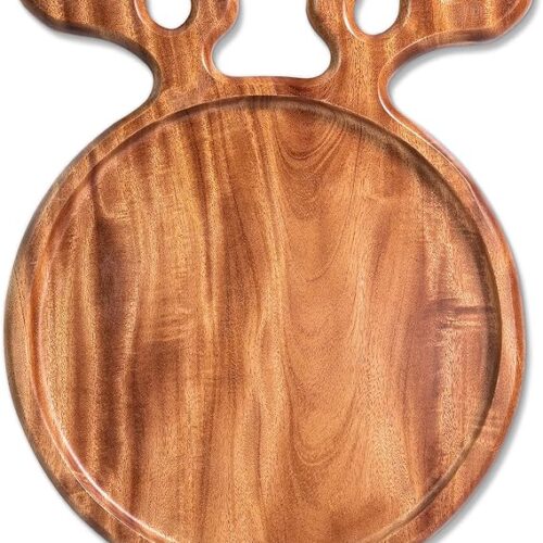 Solid Wood Serving Platter with Antler Handles (10inch Round - Set of 1) Decorative Plate Organizer, Wooden Food Tray for Snack Fruit Appetizer, Gift for Christmas, Wedding, Birthday