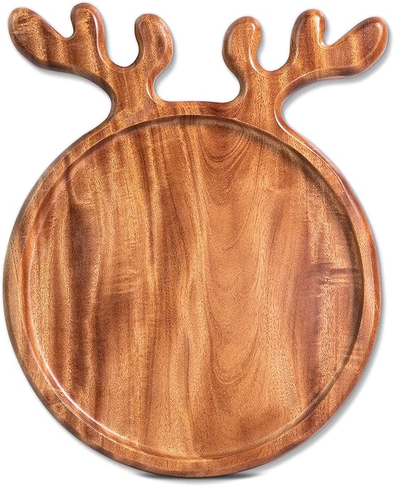 Solid Wood Serving Platter with Antler Handles (10inch Round - Set of 1) Decorative Plate Organizer, Wooden Food Tray for Snack Fruit Appetizer, Gift for Christmas, Wedding, Birthday 1