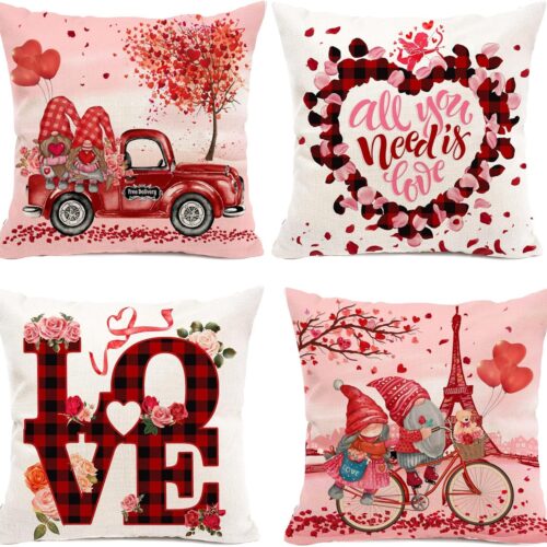 Valentines Pillow Covers 18x18, Pink Valentines Day Pillow Covers Set of 4, Decorative Soft Throw Pillow Covers with Valentine Gnome Red Truck, Farmhouse Valentines Day Decor for Couch Home Outdoor