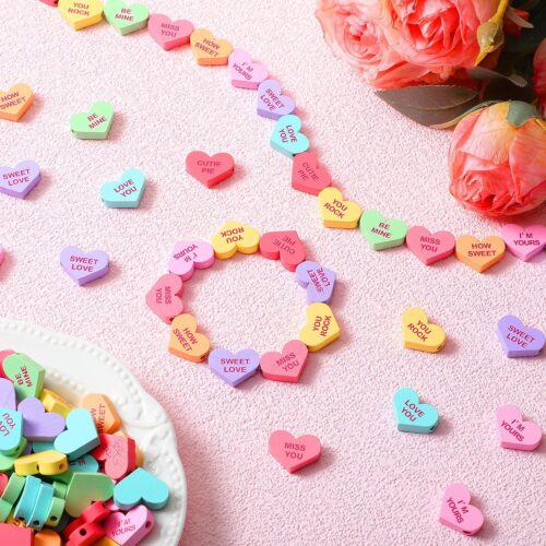 Lyrow 320 Pcs Wood Heart Beads Valentine's Day Wooden Heart Beads Candy Conversation Hearts Beads 16 mm Heart Shaped Spacer Beads for DIY Ornaments Craft Making Necklace Rainbow Bracelet